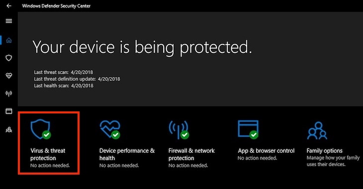 Giao diện Windows Defender